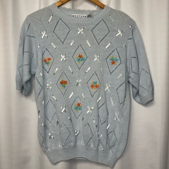 Vintage Western Connection Sweater Sz S Blue Pointelle Ribbon Bouquet Floral - Picture 1 of 10